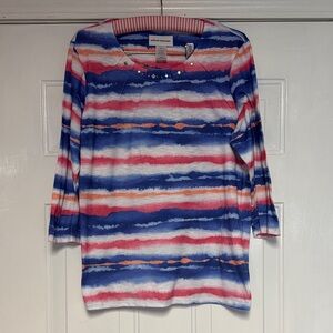 Alfred Dunner Striped Scoop Neck Top in Blue, Pink & White with Stud Accents